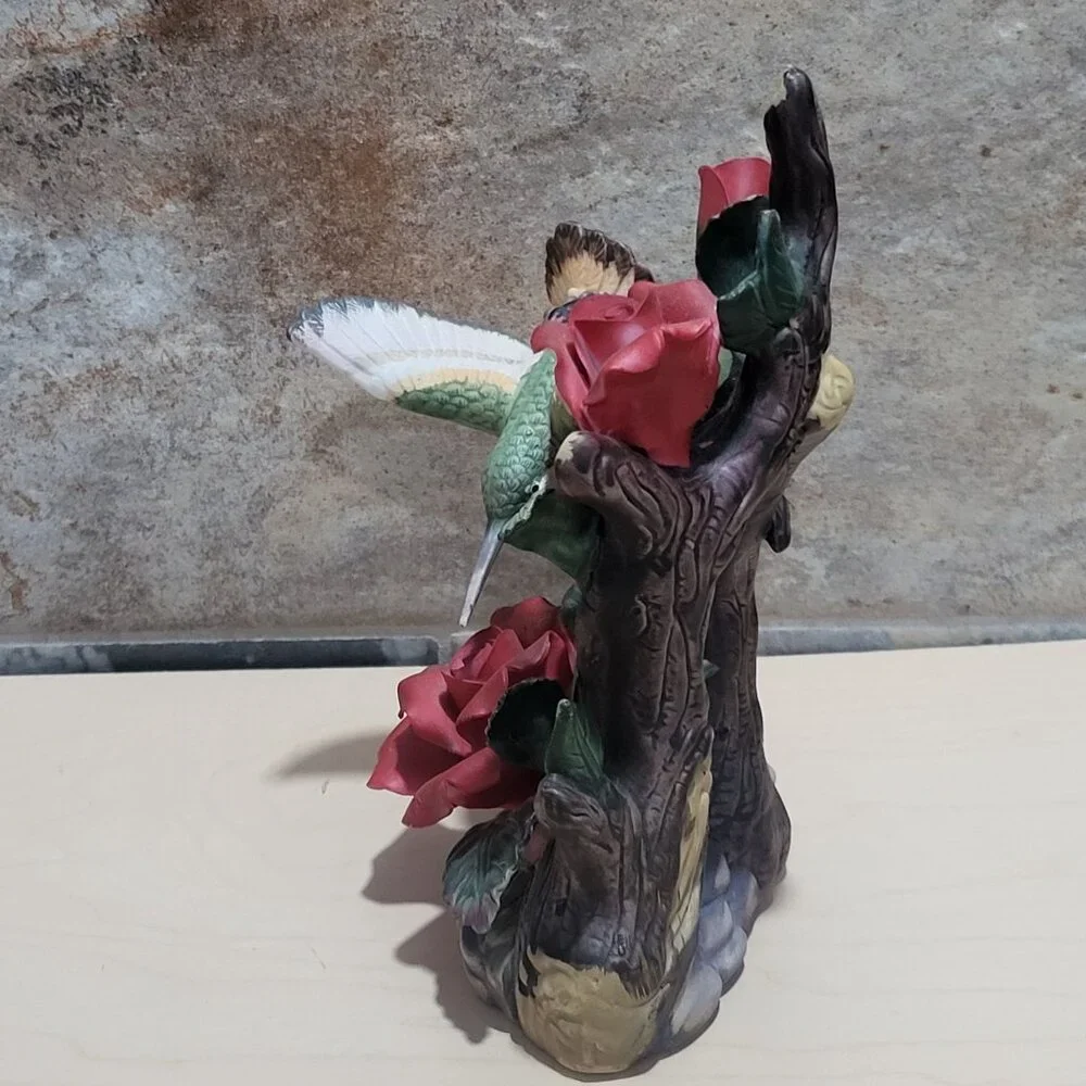 Vintage Porcelain Hummingbird with Sculptured Red Roses Highly Detailed Figurine